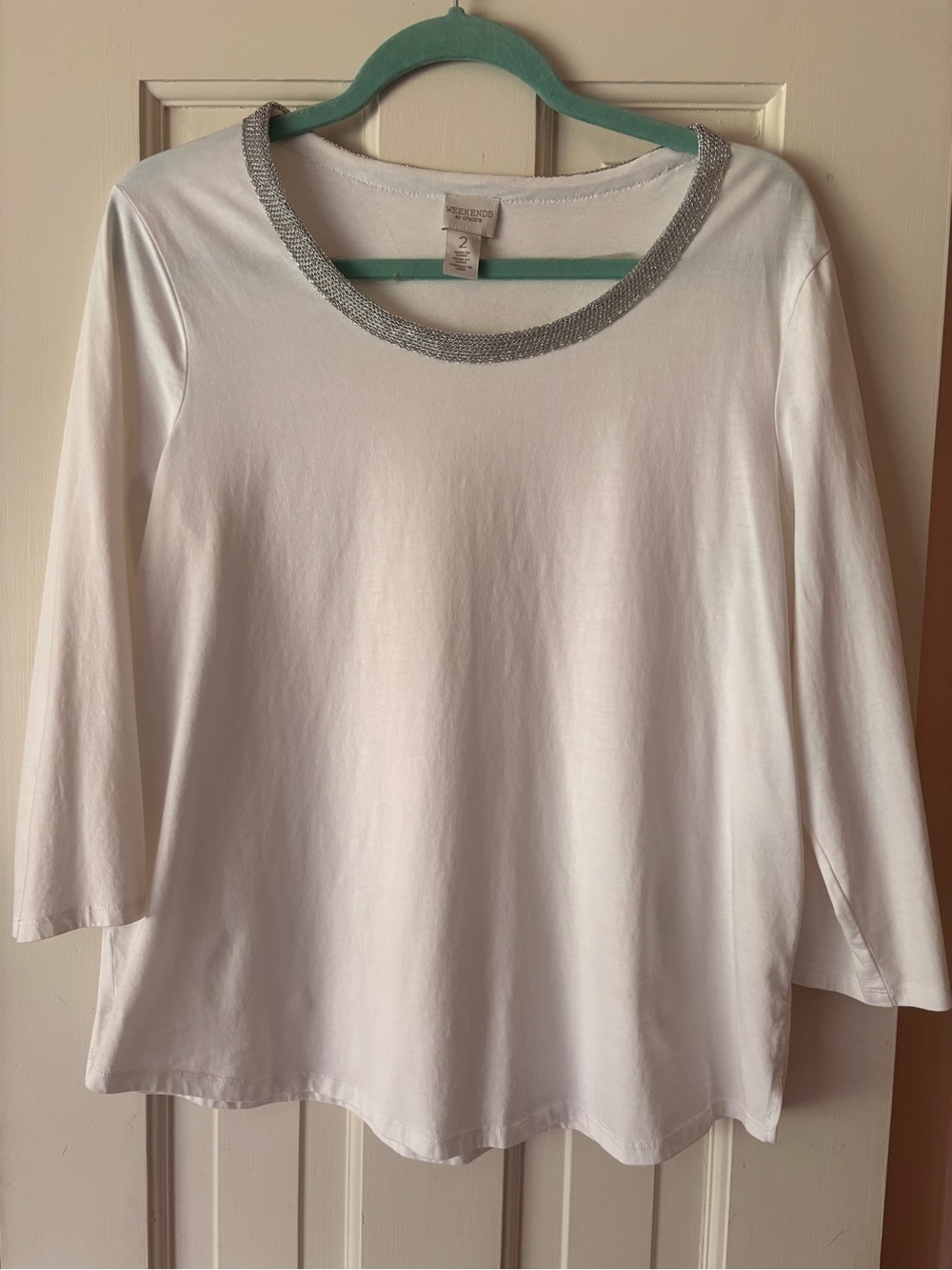 Chico's White Long Sleeve Scoop Neck Top with Silver Trim